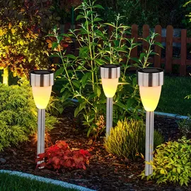 GLOBO Stecklampen Solarleuchte Gartenlampe Wegelampe Terrasse, Akku IP44 Erdspieß Feuer Effekt, Edelstahl schwarz weiß satiniert, LED warmweiß, DxH 5,5x36,5cm, 6er Set