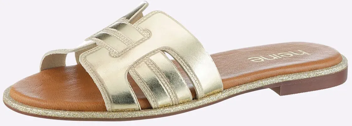 Pantolette HEINE, Damen, Gr. 42, gold (goldfarben), Glattleder, Leder, Rindsleder, Schuhe Pantolette