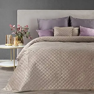 Eurofirany Weiche Tagesdecke Gesteppte Decke Ganzjährige Bettüberwurf Steppung Muster Samt Einfarbige Steppdecke Quilt (Ariel Beige, 170 X 210 cm)