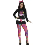 Fiestas Guirca 80s Girl Kostüm – Langärmliges schwarzes Disco Kleid und rosa 80er Jahre Leggings mit buntem Muster für Karneval Fasching Damen Größe M 36-38