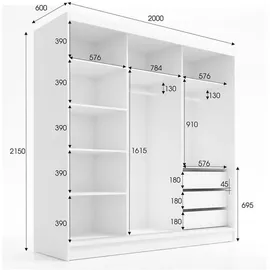 A&J MöbelLand Schiebetürenschrank VIDA 200 x 215 x 59,5 cm Grau/Schwarz