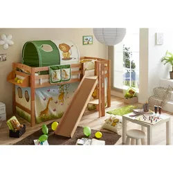 TiCAA Hochbett mit Rutsche Podestbett "Tino" Buche Natur Motiv, teilbar mit Farbauswahl