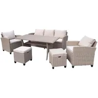 Green Spirit - Dining-Lounge Madeira II - Beige, Polyrattan, für 7 Personen, Wetterfest, Gartenmöbel-Set mit 3-Sitzer Sofa, Tisch, Sessel und 2 Hockern