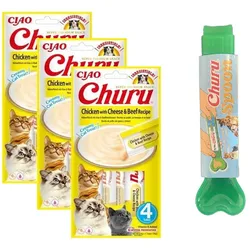 INABA Churu Katzenleckerli mit Huhn-, Käse- und Rindfleischgeschmack 12x14g + Futterlöffel GRATIS!