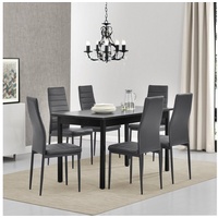en.casa Essgruppe, (Set, 7-tlg., Esstisch mit 6 Stühlen), Bjerkvik 140x60cm Küchentisch Kunstleder Stühle schwarz/grau grau