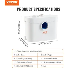 Vevor Hebeanlage, 700W, 9600l/h Durchfluss, 10M Förderhöhe, Zerkleinerer-abwasserpumpe Mit 3 Wassereinlässen 99 % Effektive Antimikrobielle Für Toilette, Keller, Küche, Waschbecken, Badewanne, Abwasserentsorgung, Aufspülmaschine