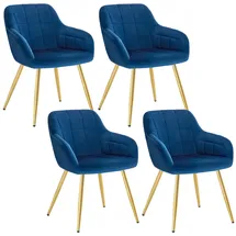 Woltu Esszimmerstühle 4er Set Esszimmerstuhl Küchenstuhl Polsterstuhl Design Stuhl mit Armlehnen, mit Sitzfläche aus Samt, Gestell aus Metall, modern, Gold Beine, Blau, BH232bl-4