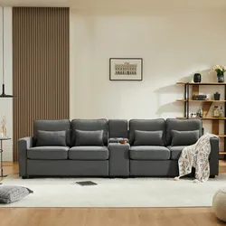 Merax 4-Sitzer-Extra großes Sofa aus Leinenstoff, mit Armlehnentaschen und 4 Kissen, für Wohnzimmer, Wohnung, Büro,  Dunkelgrau