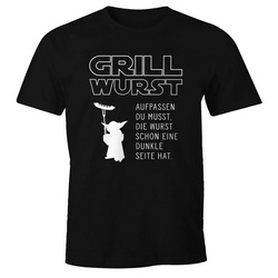 MoonWorks Print-Shirt Herren T-Shirt Grill Wurst Aufpassen du musst, die Wurst schon eine dunkle Seite hat Fun-Shirt Barbecue BBQ Nerd Moonworks® mit Print schwarz L