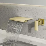 Wandmontierte Wasserfall-waschtischarmatur, Einhebel-wasserfallmischer, Aufsatzarmatur Für Waschtisch, Warm- Und Kaltwasser, Ultradünn, Massives Kupfer, Gebürstetes Gold