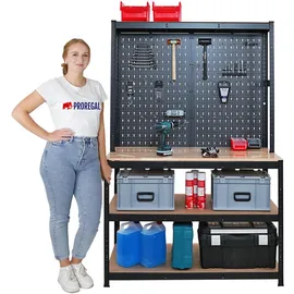 Proregal Mega Deal 2x Profi Werkbank GIANT BEAST mit Lochwand 180x120x60cm Fachlast 175kg Inkl. Werkzeughalter Set Schwarz