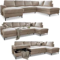 Cord Sofa U Form mit Schlaffunktion - Ecksofa mit Schlaffunktion und Bettkasten, Wohnlandschaft U Form, XXL Couch U Form, Big Sofa XXL, Eckcouch mit Schlaffunktion und Bettkasten, Ecksofa Beige Rechts