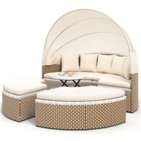 BlingBin Gartenlounge-Set Garten-Lounge-Sessel-Set, Rattan-Gartentisch und Stühle-Set, (Sonneninsel, Ausziehbares Baldachin, Anhebbare Tischplatte, Tragendes Gewicht: 160kg/Einzelplatz, 80kg/Tisch, Beige), Muschel-Lounge-Sessel-Bett, Inklusive Aller Kissen und Sitzkissen beige