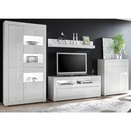 furn.design Wohnwand, Weiß, Weiß Hochglanz, Grau, Holz, Nachbildung, Uni, 7 Fächer, 370x198x42 cm, Wohnzimmer, Wohnwände, Wohnwand-Sets
