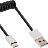 InLine USB 2.0 Spiralkabel, USB Typ-C Stecker an A Stecker, schwarz/Alu, flexibel, 0,5m