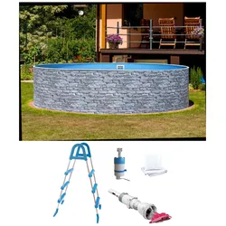 Rundpool MY POOL BWT, grau (steinoptik), H:0,90cm Ø:3,60cm, Schwimmbecken, Inkl. Akku-Bodensauger BWT BC 02