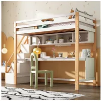 Celya Hochbett Kinderbett 90x200cm, Hochbett mit Stauraumtreppe Kinderbett mit Schreibtisch und Regalen weiß