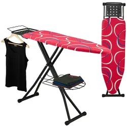 Relaxdays Bügelbrett für Dampfbügeleisen, 110 x 33 cm, höhenverstellbar, klappbar, Kleiderablagen, Bügeltisch, rot