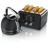 Arendo Frühstücks-Set Edelstahl Wasserkocher 1,7l, 4-Scheiben Kurzschlitz Toaster, schwarz (2-tlg), Retro Wasserkocher mit Temperatureinstellung, Vintage Toaster schwarz
