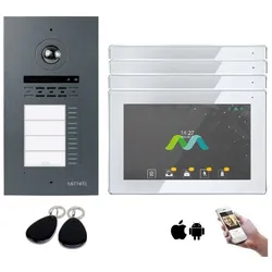 2 Draht BUS Video Türsprechanlage mit RFID für 4 Familienhaus WLAN - Außenstation in Anthrazit 4x Monitor WLAN Schnittstelle