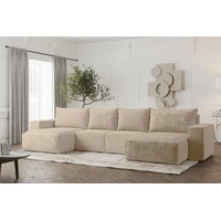 Fun Möbel Wohnlandschaft Sofa U-Form ESTELLE mit Schlaffunktion in Stoff, inkl. Bettkasten, Rücken echt bezogen beige
