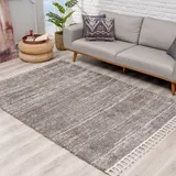 Carpet City Teppich Hochflor Wohnzimmer - Ethno Stil Meliert 140x200 cm Grau Creme - Teppiche mit Fransen