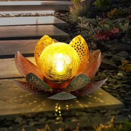 GLOBO Garten Außenlampen Solarleuchte dekorative LED Solarleuchte im Lotusblüten Design, Glaskugel goldfarben, LED, 22cm, Terrasse, 2er Set