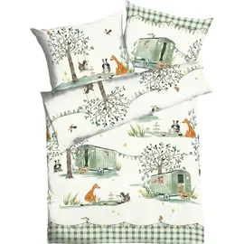 KAEPPEL Kinderbettwäsche Wohnwagen Picknick Feinbiber 135 x 200 cm weiß