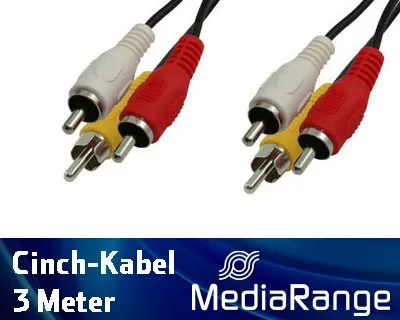 Cinch Kabel 3m 3xRCA für Audio und Video (rot, weiß, gelb) von MediaRange MRCS12