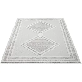 Carpet City Teppich Kurzflor Wohnzimmer - Grau, Beige - 160x230 cm - Teppiche Fransen Boho-Style - Raute-Optik - Schlafzimmer, Esszimmer