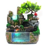 Brunnen Wasserfall Desktop Harz Zimmerbrunnen mit Beleuchtung Tischbrunnen Dekoration Wasser Farbwechsel Springbrunnen Luftbefeuchter 30x20x30cm für Wohnzimmer Schlafzimmer