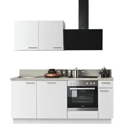 Küchenzeile KOCHSTATION "KS-Scafa, vormontiert, mit höhenverstellbaren Füßen", grau (front: weiß, korpus: zementfarben hell, arbeitsplatte: zementfarben hell), B:200cm T:60cm, Komplettküchen-Sets, vormontiert, wahlweise mit E-Geräten, mit Soft-Close, Breite 200 cm