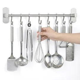 Joeji's Kitchen Hakenleiste Küche - Küchenstange - Starker Selbstklebend 3M Ohne Bohren - Küchenleiste Stange für Küchenutensilien - Küchenhelfer Leiste (Silver)