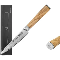 KLAMER Damast Allzweckmesser 12,7cm Olive, scharfes Küchenmesser, Profi Kochmesser aus japanischem Stahl
