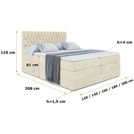 altdecor Boxspringbett mit Matratze, Topper, Polsterbett mit, Bettkasten SERENE KING | Beige Monolith | 140x200