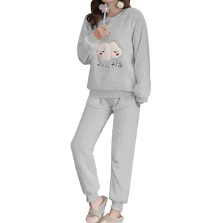 Minetom Herbst Winter Pyjamas Damen Mädchen Zweiteiler Ensembles Warm Coral Fleece Nachtwäsche Süße Plüsch Schlafanzug Langarm Shirt und Hose D Grau 40 - 40