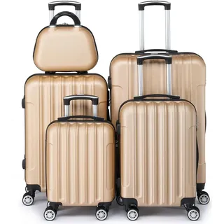 FCH Kofferset 5 teilig mit Kosmetikkoffer, Koffer Set Hartschalen-Trolley aus ABS, Champagne - Beige