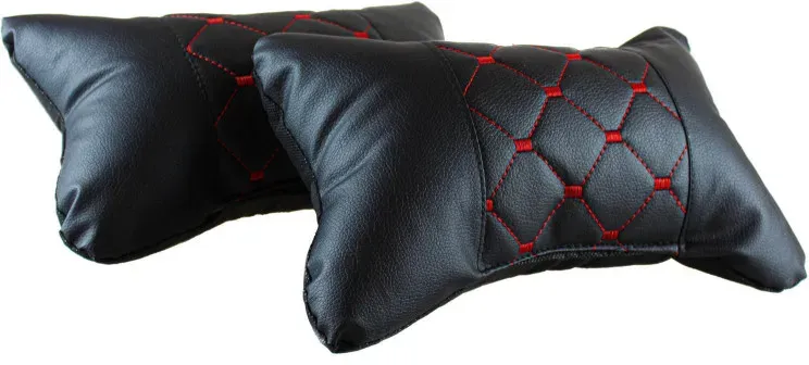 Set mit 2 universellen Autokissen, schwarz mit roter Naht