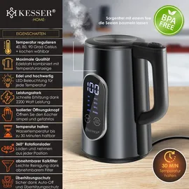 Kesser KESSER® Wasserkocher Edelstahl 1.7 Liter LED-Anzeige 4-Modi Temperatureinstellung 40°C-100°C 30min Warmhalten elektrischer Teekocher 2200W BPA-Frei Kalkfilter | Easy-Open-Deckel