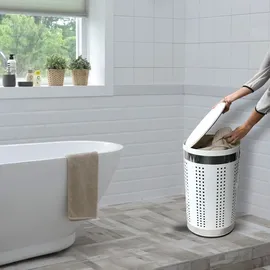 MSV Wäschekorb Wäschesammler Wäschetruhe mit Sitzkissen Rund, 60,5 cm Höhe Metall Weiß