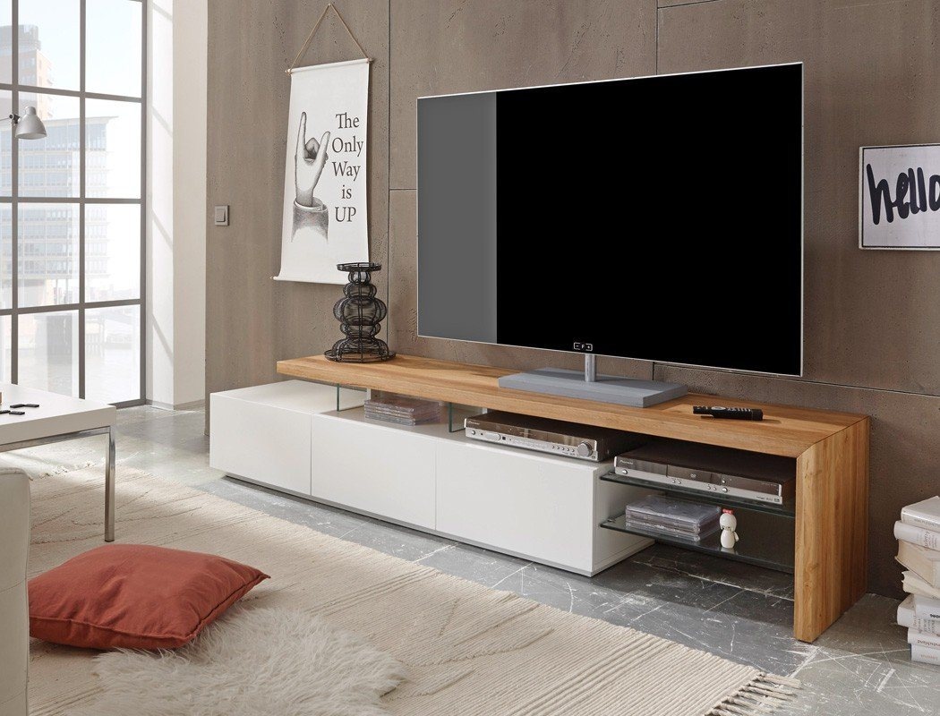 expendio TV-Board Alessa I, matt weiß / Asteiche geölt 204x40x44 cm mit Klarglasböden weiß