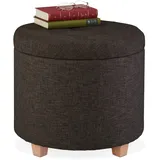 Relaxdays Sitzhocker mit Stauraum, gepolsterter Hocker rund, für Wohnzimmer, Leinen-Optik, H x D: 41 x 44 cm, braun