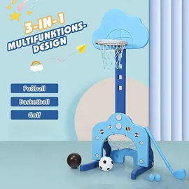 Costway 3 in 1 Kinder Spielplatz, höhenverstellbarer Basketballkorb & Fußballtor & Golf, Basketballständer inkl. Bälle und Golf Club, Korbanlag...