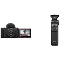 Sony Vlog Kamera ZV-1F | Digitalkamera (Klapp- und drehbares Display, 4K Video, Slow- Motion, Vlog Funktionen) + Bluetooth Handgriff & Mikrofon