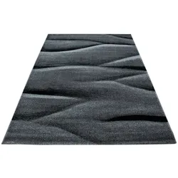 Stilvoller Designer-Kurzflorteppich mit Wellenmuster in Schwarz und Grau