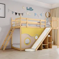 Merax Hochbett 90x200cm, Etagenbett für Kinder mit Treppe, Zäune und Rutsche, Kinderbett mit Rausfallschutz und 2 Lattenrost, Spielbett mit Bettvorhang und Regal, Rahmen aus Kiefer, Natur & Gelb