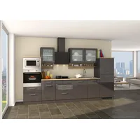 Küchenzeile KOCHSTATION "KS-Mailand", grau (küche: grau, korpus: grau, arbeitsplatte: eichefarben), B:340cm T:60cm, Komplettküchen-Sets, Küchenzeile, mit Elektrogeräten, Breite 340 cm