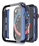 Piuellia 2 Pack Hard Case with Tempered Glass Screen Protector for Apple Watch SE Series 6 Series 5 Series 4 44mm, Ultrathin Overall PC iWatch Protective Cover, 1 Blue + 1 Transparent