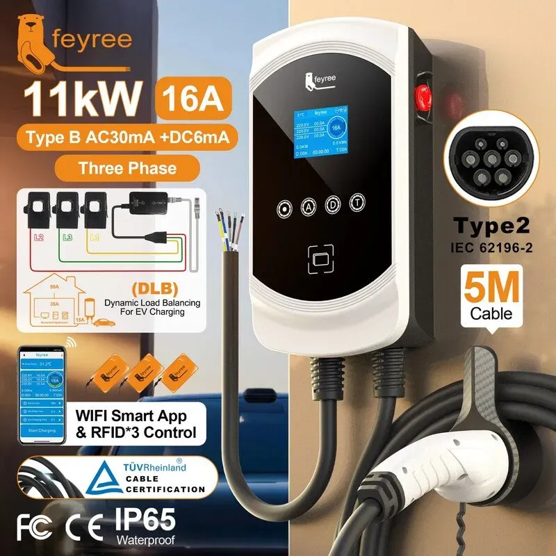 feyree EV-Ladegerät Typ 2 16A 11kW 3P mit dynamischer Lastverteilung, EVSE-Wallbox mit Smart-WLAN-App-Funktion für Elektrofahrzeuge