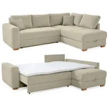 luma-home Dauerschlaf-Ecksofa Boxspring Federkern-Couch Topper Bettkasten, Cord Beige Grau